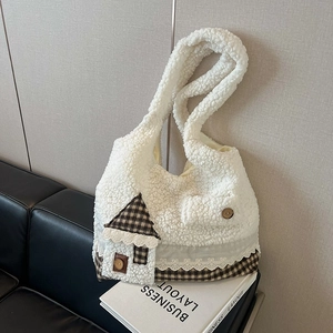 Sac Cabas Femme en Peluche Sherpa Grande Capacité Sac à Épaule Avec Patchwork Maison Bordure Dentelle Automne Hiver Chaud