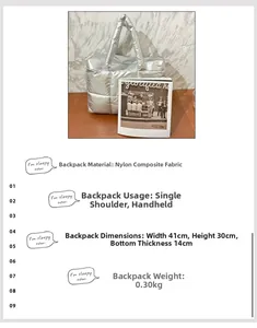 Silver quilted nylon tote bag detail with lightweight fabric and metallic finish