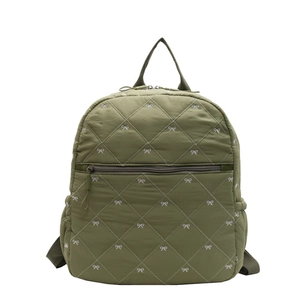 Olive green quilted backpack with white bow embroidery and diamond pattern for girls