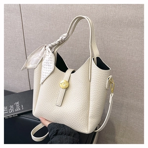 Women PU Litchi Grain Bucket Bag Fashion Handbag With Scarf Decoration And Gold Hardware Niche Commuter Shoulder Crossbody Bag