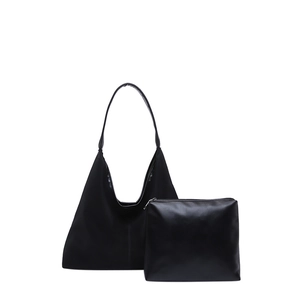 Set borsa tote nera minimalista capiente con pochette abbinata e finitura opaca