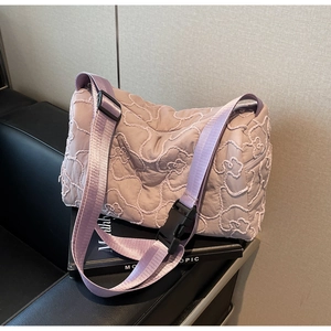 Lavender quilted crossbody bag with bear embroidery and adjustable wide strap