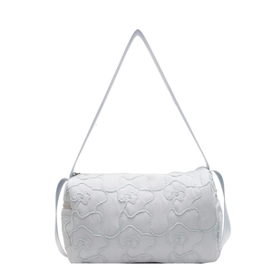 Chic light blue quilted floral embroidery cylindrical shoulder bag with adjustable strap