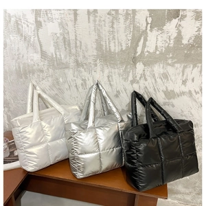 Quilted nylon tote bags in white, silver, and black, stylish large capacity handbags