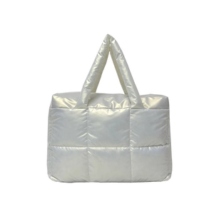 Fashionable white quilted nylon puffer tote bag with glossy finish and soft handles