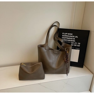 Classic coffee brown tote bag in lychee leather texture with matching zipper pouch