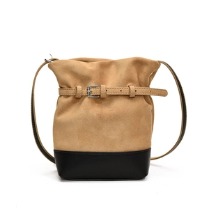 Minimalist frosted leather bucket bag with contrast stitching and metal belt buckle