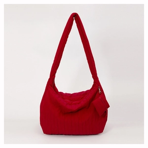 Red quilted large capacity tote bag with matching coin purse and padded shoulder strap