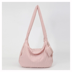 Minimalist large capacity pink nylon shoulder bag with matching mini coin purse and vertical quilting