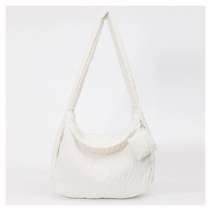 White quilted puffer tote bag with matching coin purse and adjustable shoulder strap