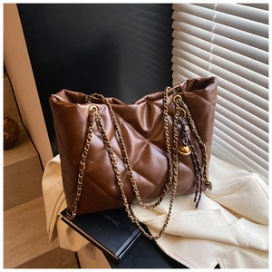 Fashionable dark brown quilted PU leather tote bag with elegant chain straps and drawstrings