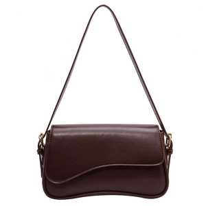 Fashionable dark brown leather shoulder bag with asymmetrical flap and gold hardware