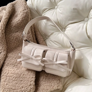 Vintage Bowknot PU Underarm Bag For Women Versatile Retro Shoulder Tote Bag With Double Pockets High Quality Fashion Baguette Bag
