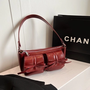 Vintage burgundy PU leather underarm bag with bow knots and dual front pockets