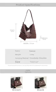 Detailed size specifications and color comparison of large leopard print canvas tote bag