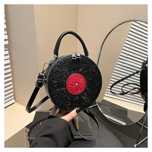 Creative Vinyl Record Round Shoulder Bag PU Leather Musical Elements Embossed Crossbody Bag Circular Top Handle Purse