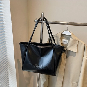 Borsa Tote da Donna in Pelle PU Lucida Grande Capacità Borsa a Spalla da Pendolare Con Scritta a Rilievo Borsa Sottobraccio Minimalista