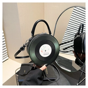 Unique vinyl record shaped PU leather crossbody bag with metallic green finish