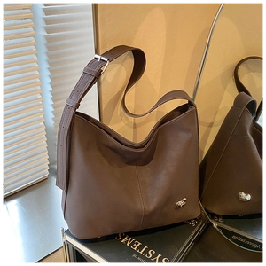 Fashionable dark brown PU leather shoulder bag with wide strap and silver metal buckle
