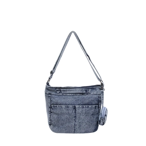 Sac bandoulière vintage en denim délavé bleu pour femme avec petit porte-monnaie rond