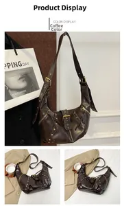 Détails de ce sac demi-lune rétro marron foncé avec boucles et rivets dorés