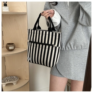 Detailed close-up of striped canvas tote bag featuring external zipper pocket and sturdy handle
