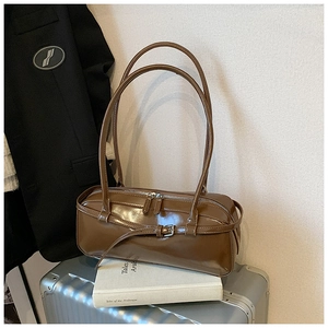 Vintage Glossy Patent PU Leather Underarm Shoulder Bag For Women Retro Solid Color Rectangular Baguette Bag With Metal Belt Buckle Commute Handbag