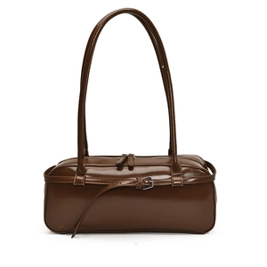 Deep brown glossy patent leather baguette shoulder bag with silver buckle and sleek straps