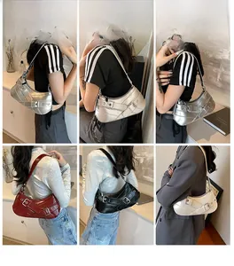 Collage of models wearing stylish half-moon shoulder bags in silver, red, black, and white