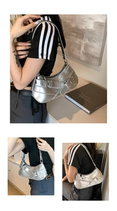 Silver metallic Y2K hobo bag with belt buckle details and moon shape displayed from angles