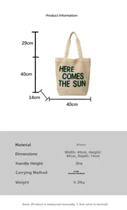 Detailed size specifications and weight info for the woven letter print tote bag
