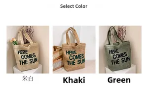 Detailed comparison of woven tote bags in beige, khaki, and green with letter prints