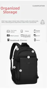 Detail view of large capacity backpack with internal 15.6 inch laptop compartment and pockets