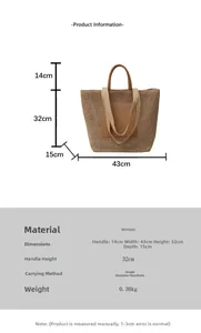 Detailed size specifications for the large straw woven tote bag with dimensions and weight