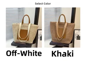 Detailed close-up showing off-white and khaki woven textures with brown leather handles