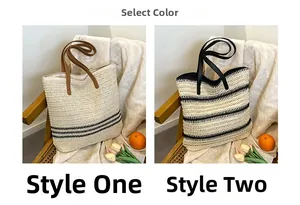 Select color options for woven tote bags in cream with stripes and brown leather handles