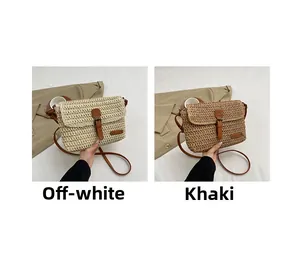 Detail of woven straw crossbody bags in cream and khaki with leather straps