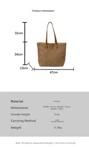 Detailed size chart for the large straw tote bag with dimensions and measurements
