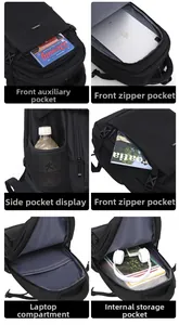 Detail grid showing laptop compartment and multiple storage pockets of the black backpack