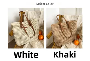 Detailed grid weave of white and khaki straw tote bags with brown leather handles
