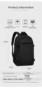 Detail view of large capacity waterproof business backpack showing dimensions and features