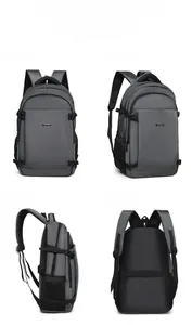 Detailed views of the grey multifunctional business backpack showing front side and back angles