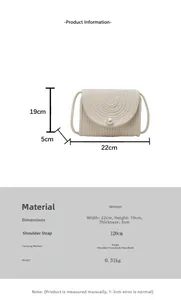 Detail view of woven straw bag with spiral texture, pearl closure and size dimensions