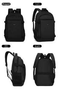 Front, side, and back views of black business backpack with ergonomic straps and water-resistant fabric