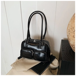 Korean Style Retro PU Leather Shoulder Bag For Women Glossy Double Pocket Zipper Underarm Bag Casual Daily Handbag