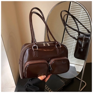 Chic dark coffee glossy leather underarm bag with double front pockets and silver hardware