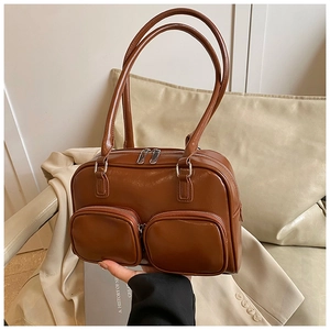 Brown retro underarm bag with double front zip pockets and long handles for women
