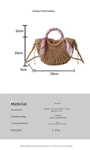 Detailed size chart for handmade woven straw bag with dimensions and strap length