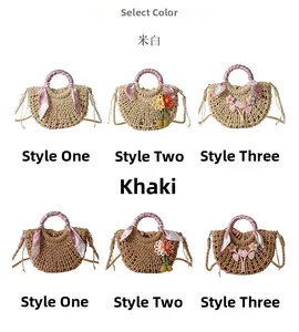Detail showing various straw woven half-moon bags with floral scarves and cherry charms