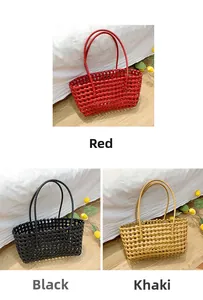 Hollow woven tote bag detail in red, black, and khaki colors with sturdy long handles